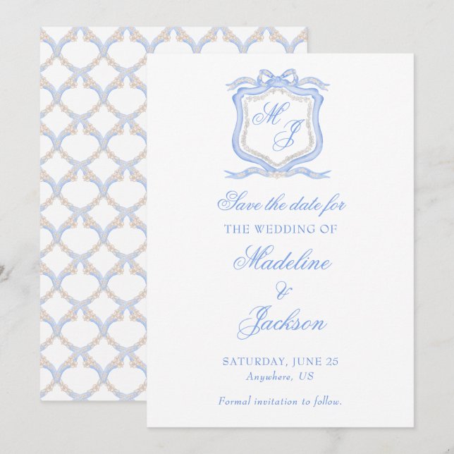 Save The Date Conception aquarelle Blason Monogramme Bleu Mariag (Devant / Derrière)