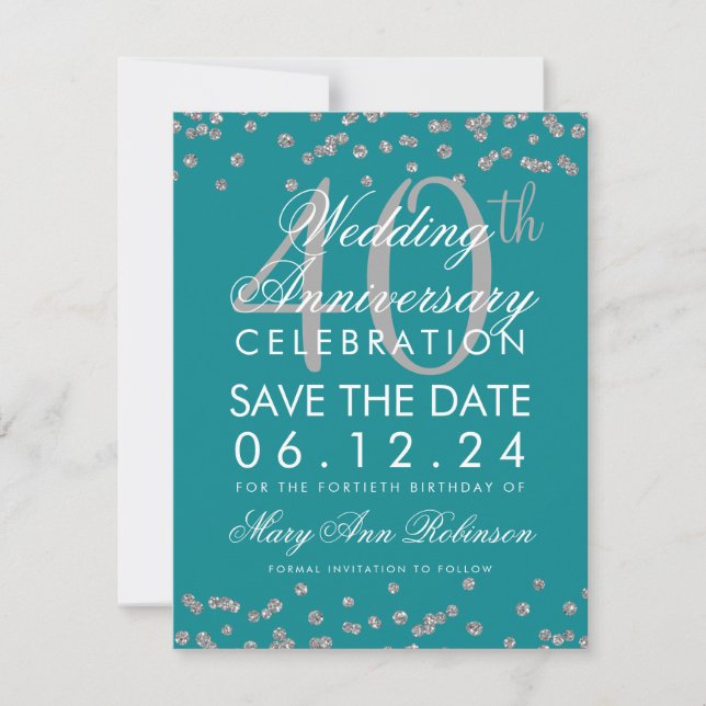 Save The Date Confetti de 40e anniversaire de mariage Teal argen (Devant)