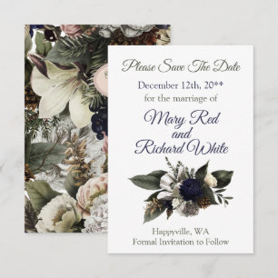 Save The Date Conifer d'hiver Floral Marine Cream Peony Mariage