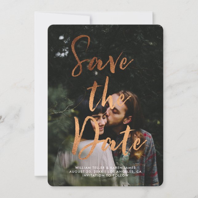 Save The Date Copper Foil Moderne Script superposition Enregistr (Devant)