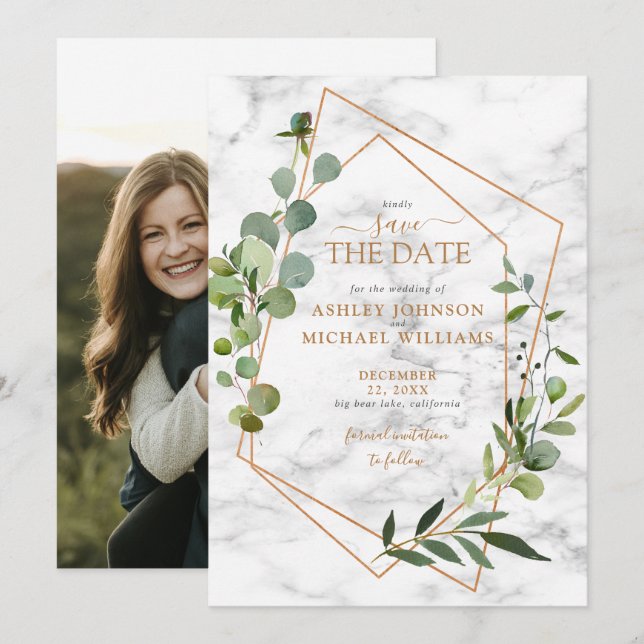 Save The Date Copper Geometry Eucalyptus Photo Enregistrer la da (Devant / Derrière)