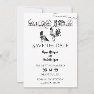 Save The Date Coq De Poulets, Hen   Mariage de ferme noir, blanc
