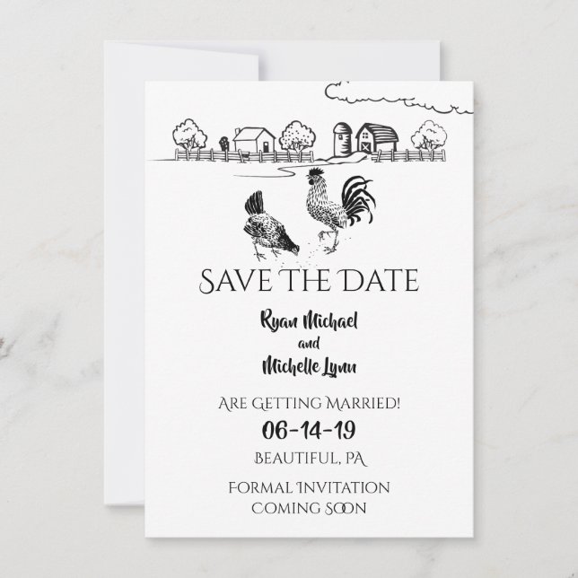 Save The Date Coq De Poulets, Hen | Mariage de ferme noir, blanc (Devant)