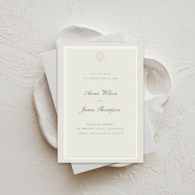 Save The Date Coquillages nautiques Classique Mariage Ecru (wedding save the date formal traditional classic triple frame ecru faux embossed calligraphy elegant)