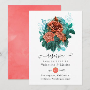 Save The Date Corail espagnol et Mariage floral turquoise