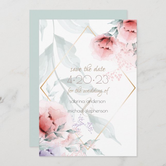 Save the date | Corail/Lilac Aquarelle Peony (Devant / Derrière)