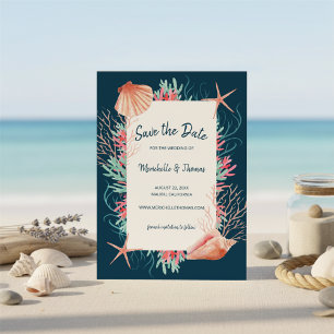 Save The Date Corail tropical   Navy Blue Beach Seashs