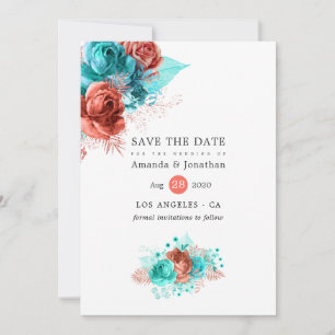 Save The Date Corail vivant et Mariage floral turquoise
