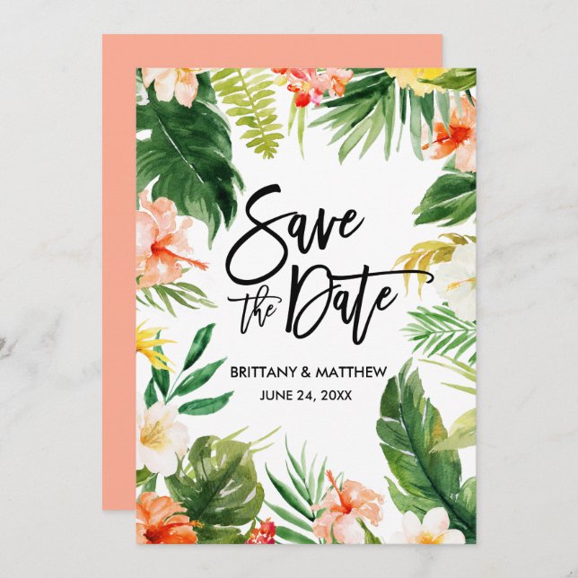 Save The Date Coral Aquarelle Tropical Floral Script (Devant / Derrière)
