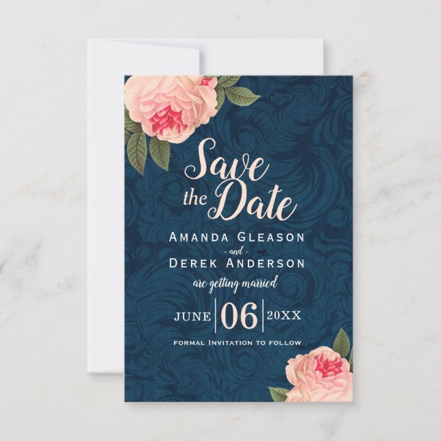Save The Date Coral et Bleu Nuit Shabby Chic Enregistrer la Date (Devant)