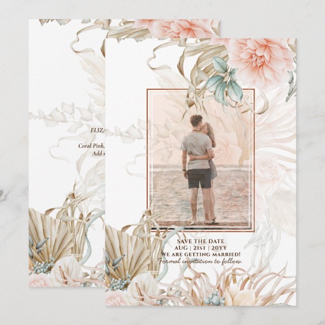 Save The Date Coral Pampas rose Mariage PHOTO (Devant / Derrière)