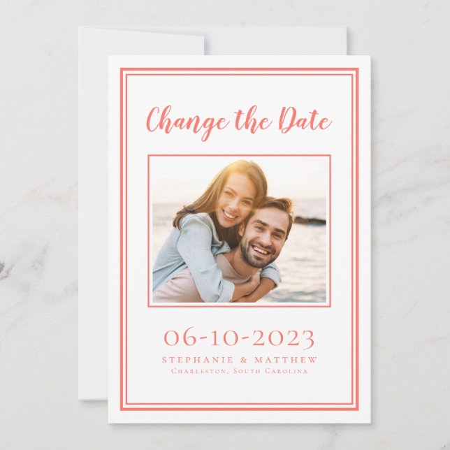 Save The Date Coral Postpondu Moderne Mariage Photo Simple (Devant)