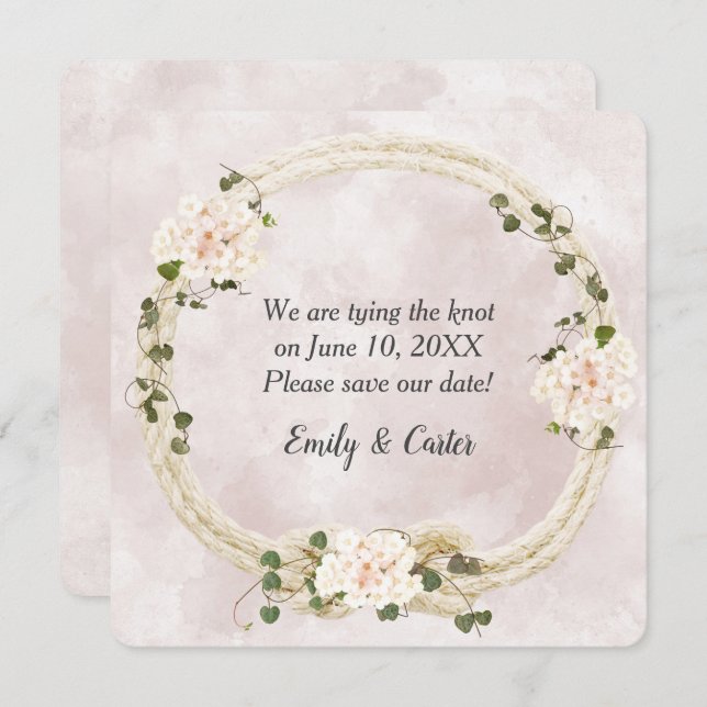Save The Date Corde nouée avec bouquets d'hortensia (Devant / Derrière)