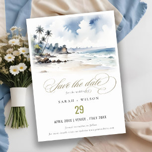 Save The Date Côte Bali Beach Palm Tree Mariage d'aquarelle