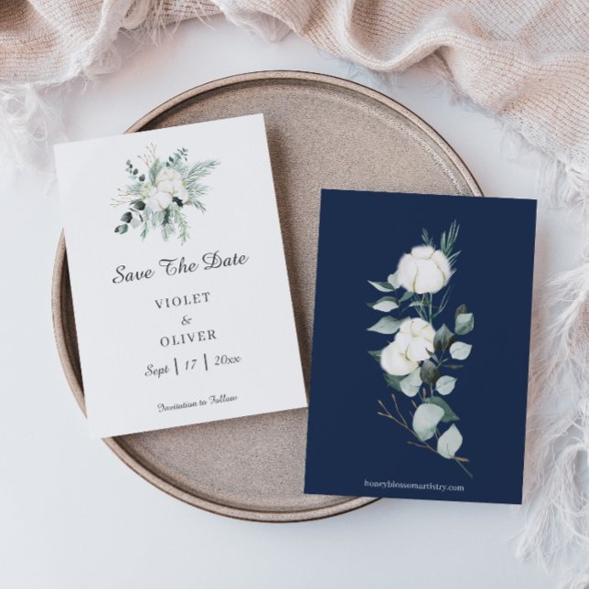 Save The Date Coton d'Eucalyptus | Mariage moderne blanc (Créateur téléchargé)