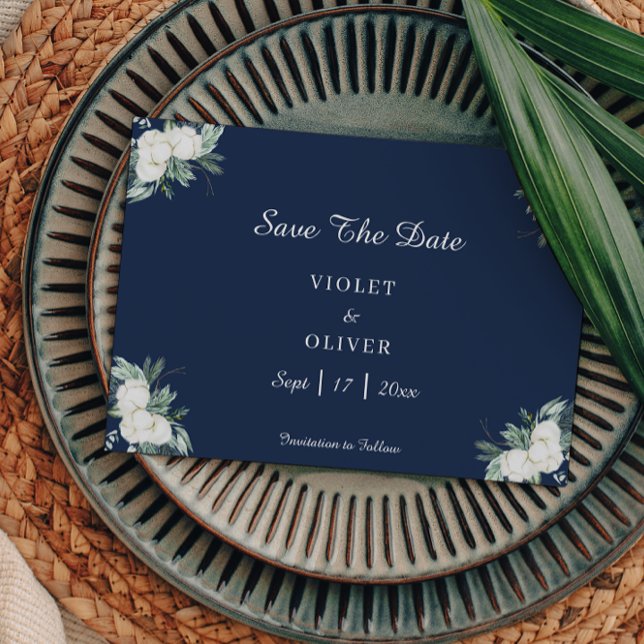 Save The Date Coton d'Eucalyptus | Mariage moderne de la marine (Créateur téléchargé)