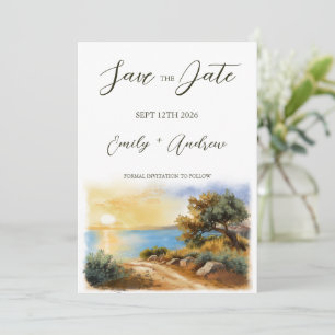 Save The Date Coucher de soleil aquarelle sur la côte méditerran
