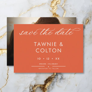 Save The Date Coucher de soleil moderne Orange Script Photo Mari