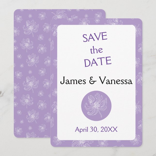 Save The Date Couleur violet clair et pivoines blanches. (Devant / Derrière)