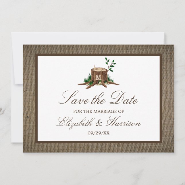 Save The Date Country Rustic Burlap Monogramme Arbre Enregistrer (Devant)