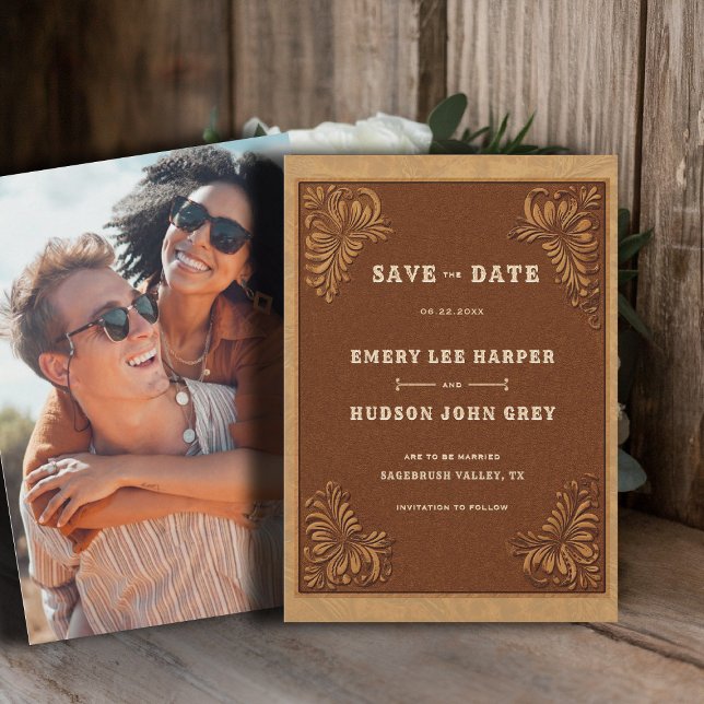 Save The Date Country Tooled Leather Western Rustic Wedding (country rustic cowboy wedding save the date faux tooled leather terracotta cream western)