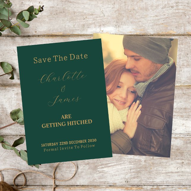 Save The Date Couple de saison photo Gold Mariage Script Vert (Front And Back)
