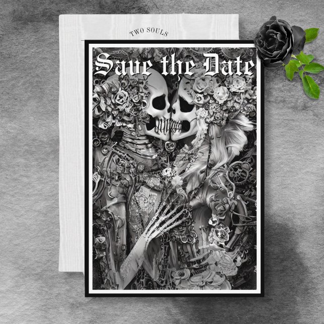 Save The Date Couple de squelettes noir et blanc gothique sombre (Créateur téléchargé)