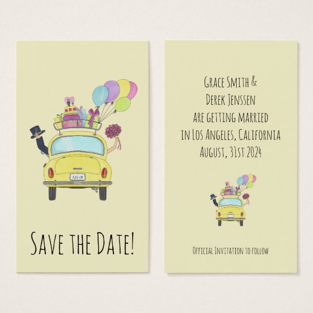 Save the Date Couple in Retro Car (Front & Back)