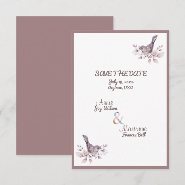 Save The Date Couple lesbien Dusty Bourgogne Rose Gold Ampersand (Devant / Derrière)