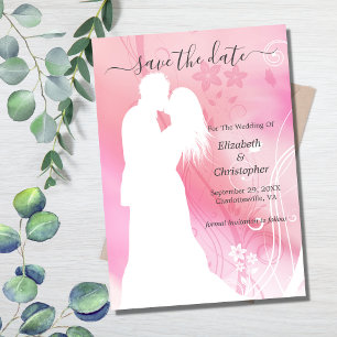 Save The Date Couple qui s'embrasse Silhouette Fleurs Rose Blanc