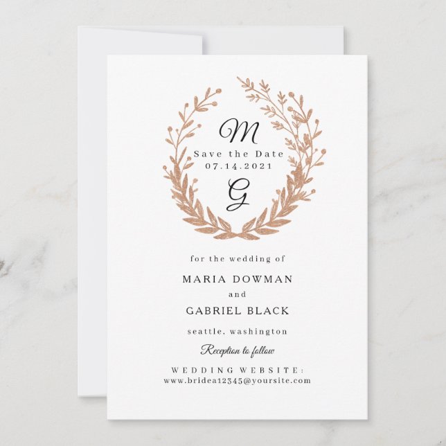 Save The Date Couronne de feuillage doré avec monogramme. Mariag (Devant)