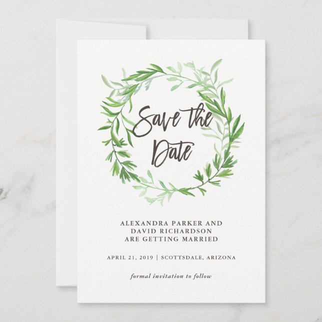 Save The Date Couronne de feuilles botaniques vertes Enregistrer (Devant)
