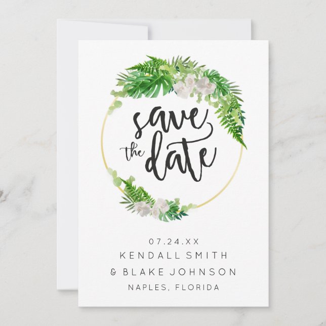 Save The Date Couronne de feuilles de palmier tropical et de ver (Devant)