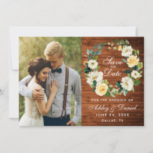 Save The Date Couronne de fleurs blanches en bois rustique