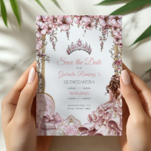 Save The Date Couronne de Fleurs Rose Pâle Argentée pour Quincea