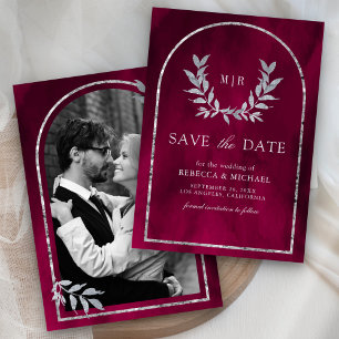 Save The Date Couronne de Laurier Argenté Feuilles Fuchsia Rose 