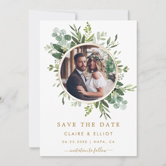 Save The Date Couronne de mariage verte en or botanique Photo (Devant)