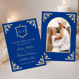 Save The Date Couronne d'or Monogramme Photo Bleu Royal Mariage