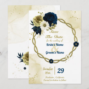 Save The Date couronne Extraordinaire d'or fleuri en ivoire bleu