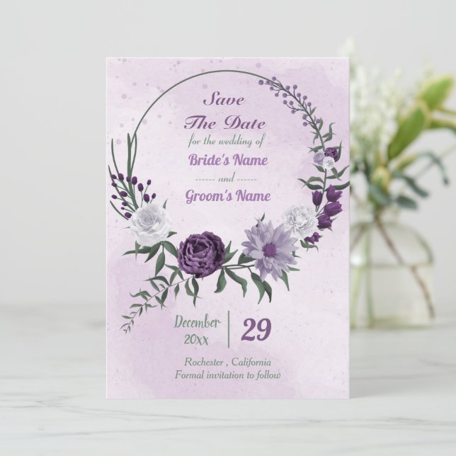 Save The Date couronne fleurie violette et blanche (Debout devant)