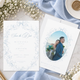Save The Date Couronne florale bleue vintage classique Photo Enr
