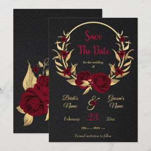 Save The Date couronne florale bordeaux et or noir