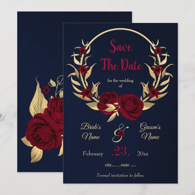 Save The Date couronne florale bordeaux & or bleu marine (Devant / Derrière)