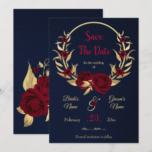 Save The Date couronne florale bordeaux & or bleu marine