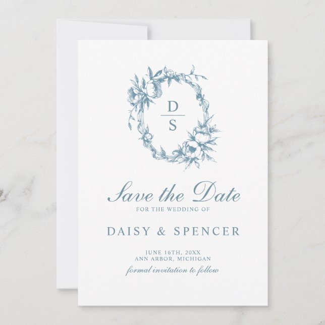 Save The Date Couronne Florale Élégante Monogramme Mariage (Devant)