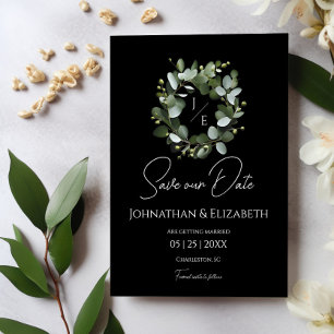 Save The Date Couronne Monogramme Eucalyptus moderne   Black