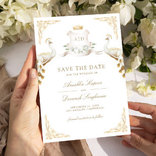Save The Date Couronne Royale Mariage Indien Paon Blanc