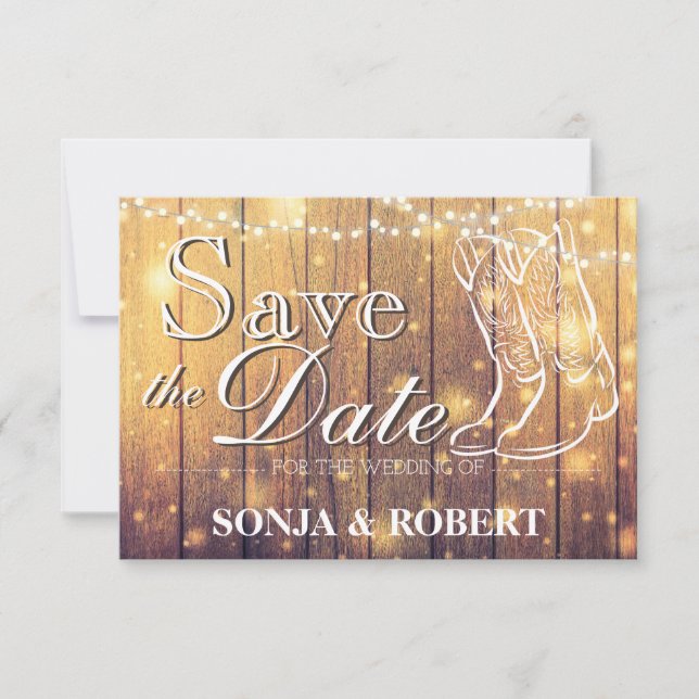 Save the Date - Cowboy boots, Wood with Lights (Front)