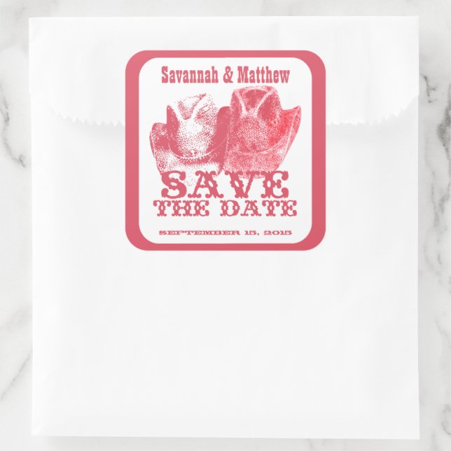 Save the Date Cowboy CowGirl Hats Wedding Sticker (Bag)