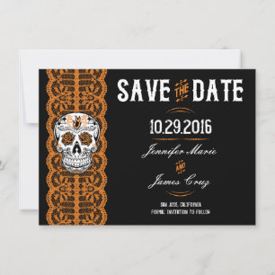 Save The Date Crâne à sucre de dentelle orange Sauvez les dates